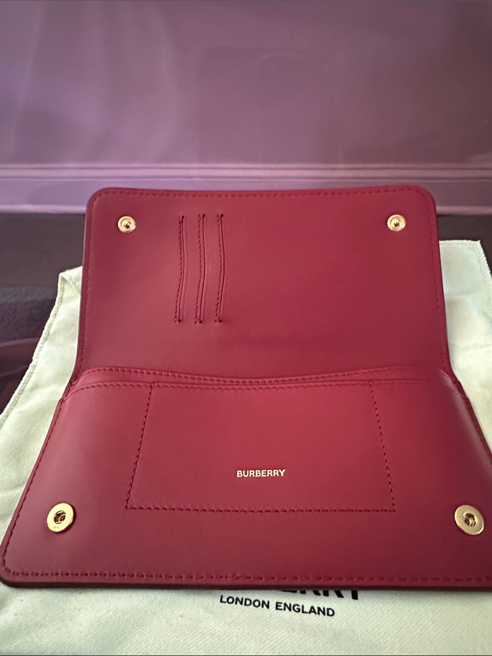 Burberry Burgundy Leather Slim Wallet with Gold Hardware